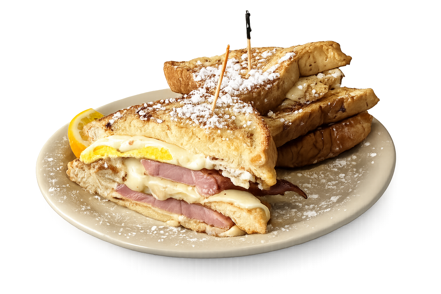 Breakfast Monte Cristo — French-toast-style ham, egg, and cheese sandwich dusted with powdered sugar